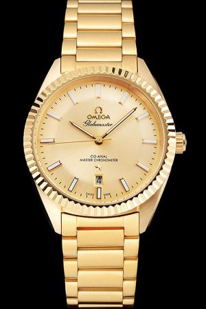 Rep Omega Constellation Globemaster Fluted Bezel Pie-pan Dial Luminous Scale/Pointer All Yellow Gold Plated Stainless Steel Watch