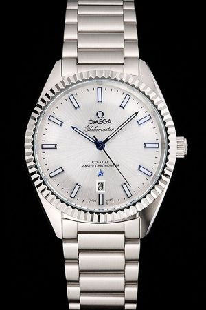 Omega Constellation Globemaster Co-Axial Chronometer Fluted Bezel Silver Pie-pan Dial Luminous Blue Marker/Pointer Steel Bracelet Quartz Watch