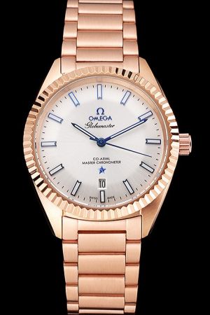 Omega Constellation Globemaster Rose Gold Fluted Bezel/Steel Bracelet White Pie-pan Dial Luminous Blue Scale/Pointer Date Rep Watch