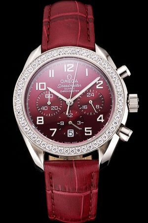 Fake Omega Speedmaster Chronometer Diamonds Bezel Red Dial Arabic Numerals Marker Three Sub-dials Red Strap Quartz Lady Watch