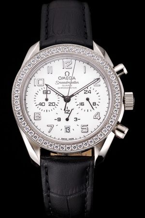 Replica Omega Speedmaster Chronometer Diamonds Bezel Arabic Numerals Scale Three Sub-dials Pencil Pointer Women Quartz Watch