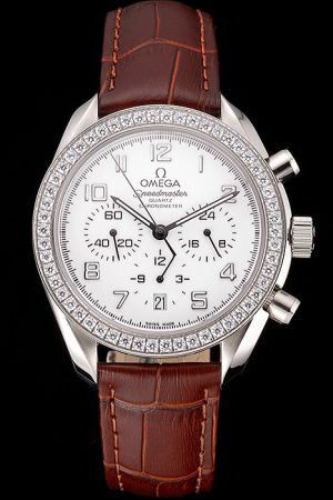 Lady Omega Speedmaster Chronometer 37mm Diamonds Bezel White Dial Arabic Scale Pencil Index Three Sub-dials Brown Strap Quartz Watch