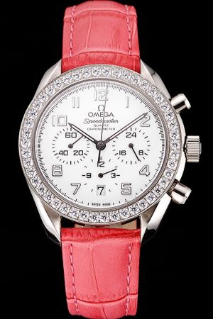 Women Omega Speedmaster Diamonds Bezel White Dial Arabic Numerals Marker Pencil Hand Three Sub-dials Pink Strap Quartz Watch