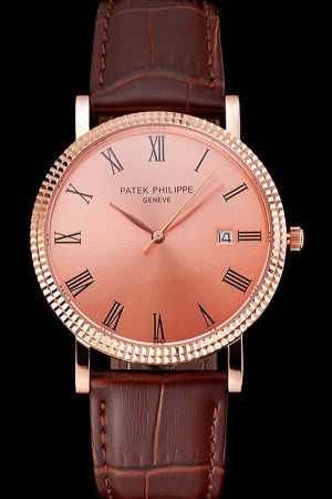 Patek Philippe Calatrava 40mm Ribbed Bezel Rose Gold Case&Dial Roman Scale Watch