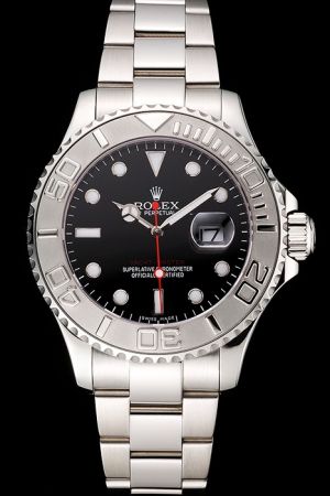 Rolex Yachtmaster Silver Flexible Bezel Black Dial Luminous Hour Scale Red Second Index White Gold Bracelet Male Gents Watch