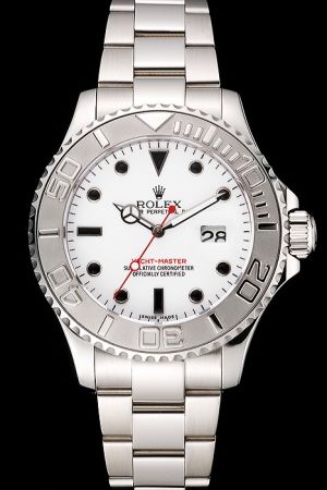 Small Size Rolex Yachtmaster Flexible Bezel White Dial Black Marker Mercedes Hands With Red Second Index Date Auto SS Watch