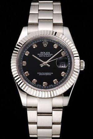 Fake Swiss Rolex Datejust Silver Fluted Bezel Diamonds/Track Scale Stick Pointers Stainless Steel Bracelet Watch