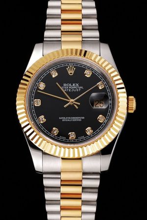 Swiss Rolex Datejust Gold Fluted Bezel/Stick Pointer Black Dial Diamonds Scale Convex Lens Date Window Two-Tone Steel Bracelet Watch