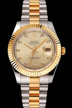 Rolex Datejust 41mm Case Gold Fluted Bezel/Stick Hand Diamond Markers Two-tone Stainless Steel Bracelet Men’s Swiss Watch