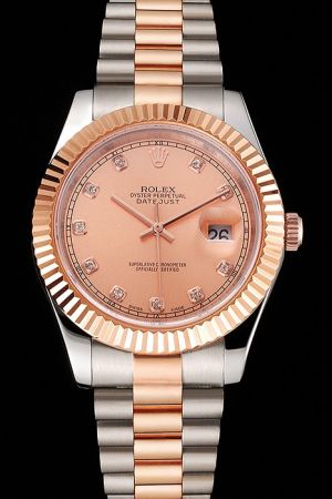 Rep Swiss Rolex Datejust Fluted Bezel Rose Gold Dial/Pointers Diamonds/Track/Roman Scale Two-tone Bracelet Date Watch Ref.116231