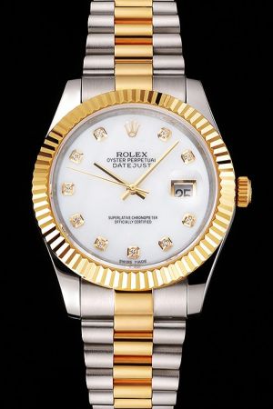 Rolex Datejust Gold Fluted Bezel/Diamond Scale/Stick Hand White Dial Two-tone Bracelet Date 36mm Swiss Auto Watch