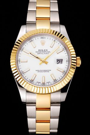 Rolex Datejust Yellow Gold Fluted Bezel/Luminous Marker/Stick Pointer White Dial 2-Tone Stainless Steel Bracelet Watch 