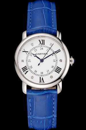 Cartier Ronde 29mm Blue Leather Strap Casual Watch Copy KDT096 Diamond Index