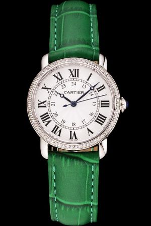 Fake Cartier  Quartz Ronde Diamonds Bezel Suits Watch KDT098 Green Leather Band