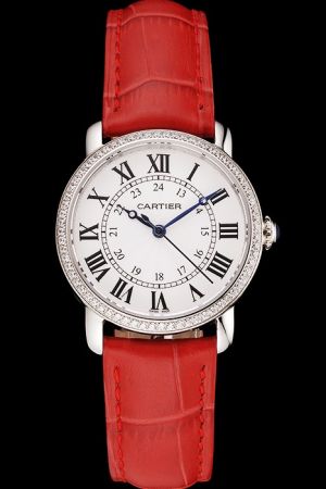 Cheap Cartier Ronde Jewelry Diamond Set Business Watch KDT097 Red Leather Strap