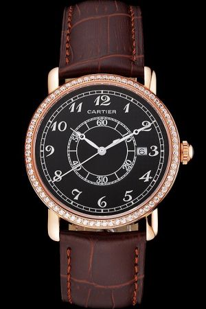 Cartier Mens Date WR00045 Pink Gold Diamonds Bezel Ronde Suits Watch KDT072 Brown Strap