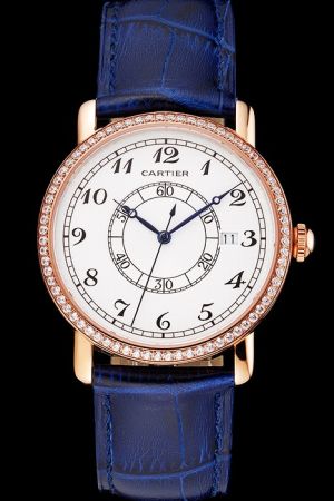 Cartier Ronde Date Diamonds Bezel Wedding Watch KDT064 Blue Hands&Wristband