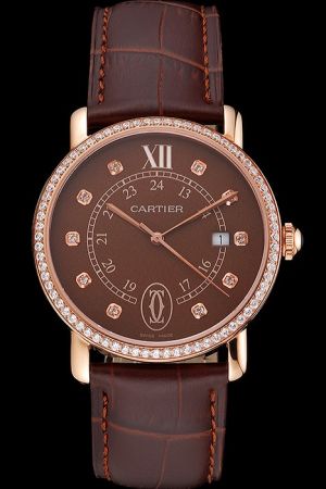 Cheap Cartier Ronde Jewelrt Diamond Set Businessman Watch KDT067 Brown Leather Strap