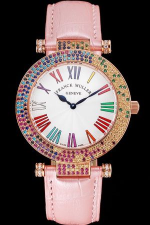 Franck Muller Double Mistery 4 Saisons White Dial Rose Gold Case Pink Leather Strap Diamonds Watch FM018