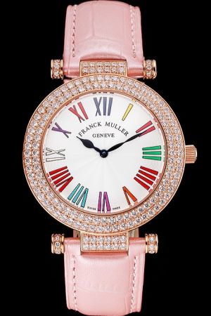 Franck Muller Double Mistery Rose Gold Case Pink Leather Strap Diamonds Ronde Watch Replica FM015