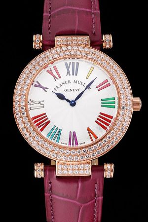 Franck Muller Round Double Mistery White Dial Rose Gold Case Purple Leather Strap Diamonds Watch Rep FM019