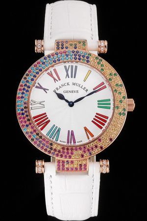 Franck Muller Double Mistery Polychrome Diamonds Geneve White Dial White Leather Strap Watch  FM014  