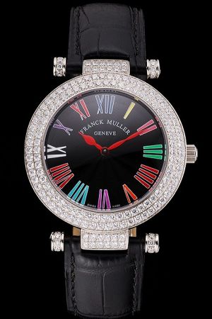 Franck Muller Double Mistery Rond Black Dial Silver Case Black Leather Strap Diamonds Watch  FM013 