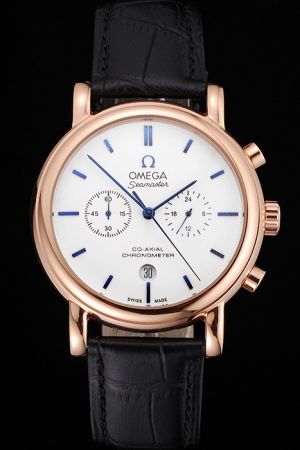 Omega Seamaster Co-Axial Chronometer Rose Gold Case White Dial Blue Stick Marker Blue Pointer Date Men Watch