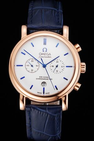  Omega Seamaster Co-Axial Chronometer Rose Gold Case White Dial Blue Stick Marker Blue Pointer Blue Strap Men Watch