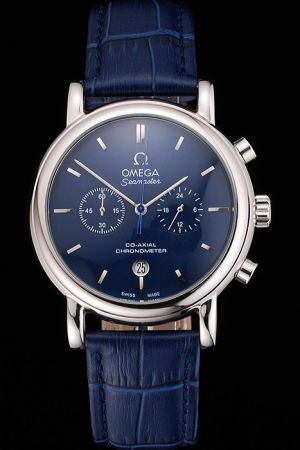 Omega Seamaster Co-Axial Escapement Chronometer Glossy Case Blue Dial&Strap Stick Scale Blue Second Hand Two Sub-dials Watch