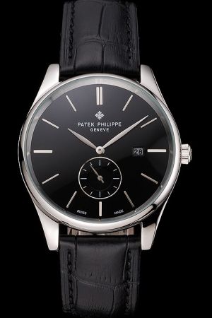 Geneve PP Calatrava Silver Case Black Dial Stick Marker Leaf-shaped Pointer Watch