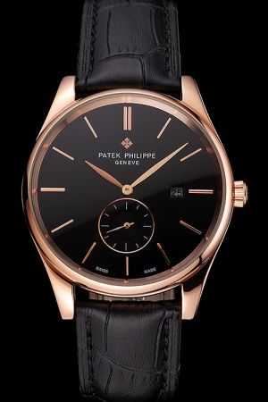 Male Patek Philippe Calatrava Rose Gold Case&Scale Black Dial  Quartz Watch