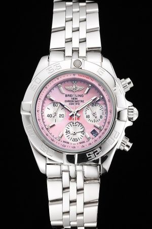 Lady Breitling Chronomat Pink Dial Uni-directional Bezel Stainless Steel Bracelet Date Watch