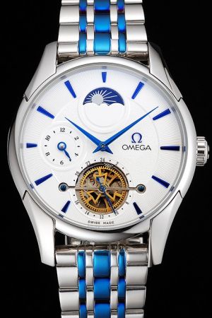 Omega De Ville Tourbillon Moonphase White Concentric Dial Blue Scale/Pointer Hour Sub-dial Two-tone Steel Bracelet Men Watch
