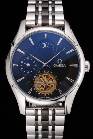 Rep Omega De Ville Tourbillon Moonphase Black Concentric Face Stick Marker Dauphine Hand Two-tone Bracelet Auto Watch