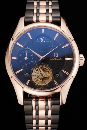 Omega De Ville Tourbillon Moonphase Rose Gold Case/Marker/Pointer Black Concentric Dial Two-tone Steel Bracelet Watch
