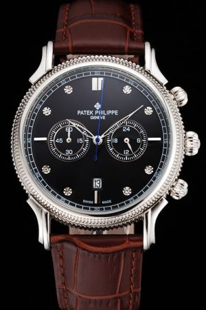 Rep Patek Philippe Chronograph Ribbed Bezel Diamonds Track Marker Brown Strap Watch