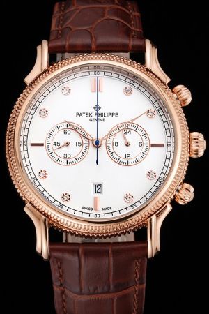 PP Chronograph Rose Gold Case Ribbed Bezel White Dial Diamonds Scale Watch