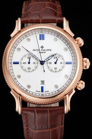  PP Chronograph Rose Gold Case Ribbed Bezel Diamonds Scale Skeleton Hand Watch