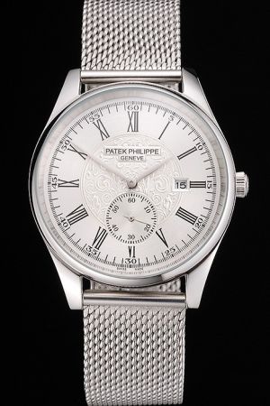  PP Calatrava White Engraving Second Dial California Scale Mesh Bracelet Watch