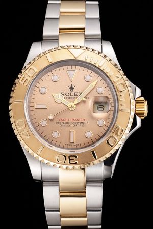 Swiss Rolex Yachtmaster Gold Rotatable Bezel Champagne Dial Luminous Markers Mercedes Hands 2-Tone Steel Bracelet Date Watch