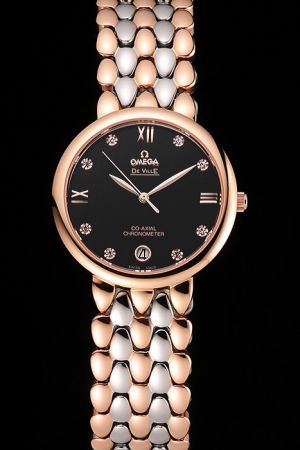 Omega De Ville Co-Axial Prestige Rose Gold Case Diamonds/Roman Scale Leaf-shaped Hand Two-tone Dewdrop Steel Bracelet Watch