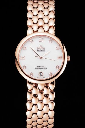 Omega De Ville Co-Axial Prestige Rose Gold Case/Pointer White Dial Diamonds/Roman Scale Dewdrop Steel Bracelet Watch