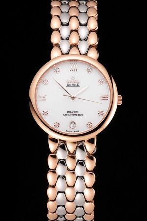Rep Omega De Ville Co-Axial Prestige 34mm Rose Gold Case White Dial Diamonds&Roman Scale Two-tone Dewdrop Bracelet Watch