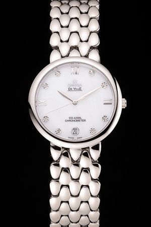 Fake Omega De Ville Co-Axial Prestige White Dial Diamonds/Roman Marker Leaf-shaped Pointers Dewdrop Steel Bracelet Watch 424.10.24.60.55.001