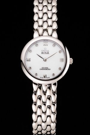 Female Omega De Ville Co-Axial Prestige Round Case Diamonds/Roman Marker Leaf-shaped Hand Silver Dewdrop Steel Bracelet Watch
