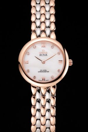 Lady Omega De Ville Co-Axial Prestige Rose Gold Case/Hands/Scale White Dial Two-tone Dewdrop Steel Bracelet Quartz Watch