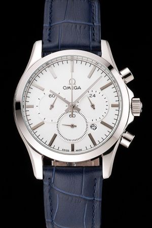 Omega Specialities Co-Axial Chronometer Glossy Case White Face Silver Stick Marker/Hand Three Sub-dials Blue Strap Quartz Watch