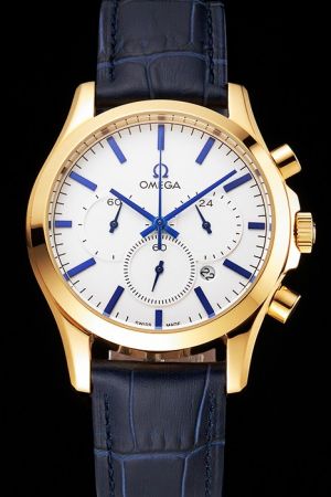 Rep Omega Specialities Co-Axial Chronometer Yellow Gold Case Blue Stick Hour Marker Three Sub-dials Blue Pointer/Strap Watch