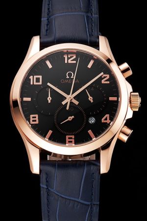  Omega Specialities Co-Axial Chronometer Rose Gold Case/Marker/Hand Black Face Three Sub-dials Blue Strap  Watch